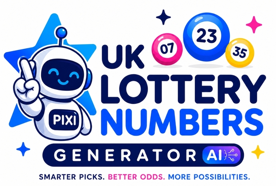UK Lottery Numbers Generator AI banner featuring the PIXI Probability AI™ robot mascot, lottery balls, and the tagline 'Smarter picks. Better odds. More possibilities.'