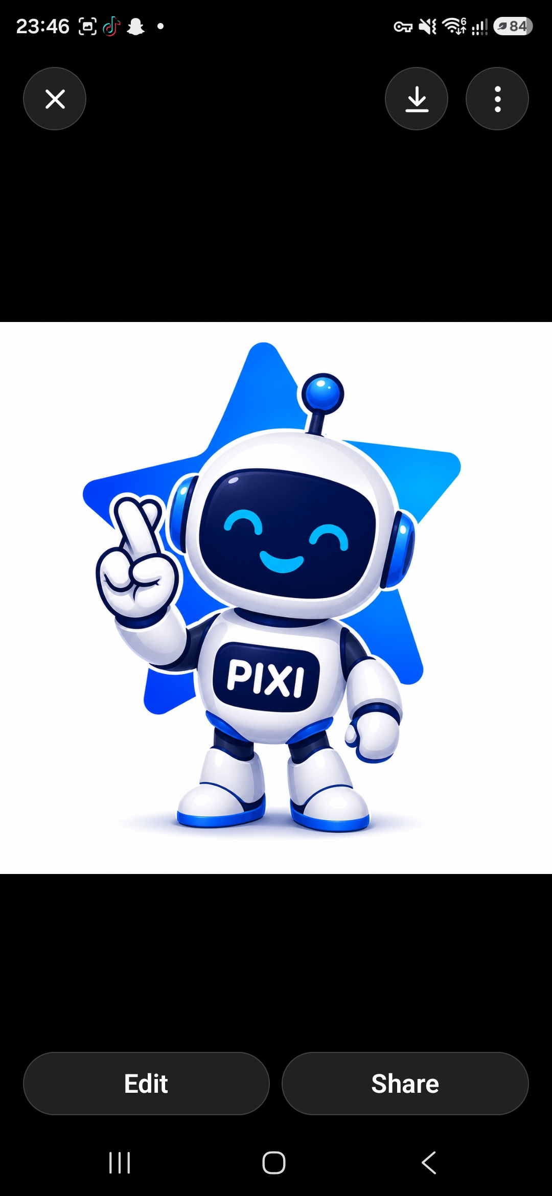PIXI Probability AI™ mascot — a friendly white robot with blue accents making a peace sign in front of a blue star